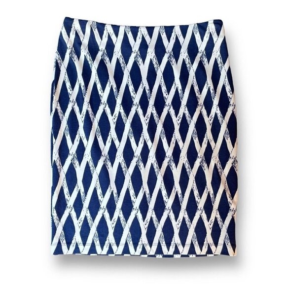 J McLaughlin Womens Skirt Sz 2 Blue White Bamboo Trellis Print Stretch Knit - Picture 1 of 5